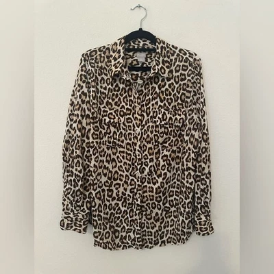 Blusa Chico’s Estampado Leopardo Modal Abotonada Talla 12-14 Carrera Armario Grapa Trabajo Foto 1 de 4