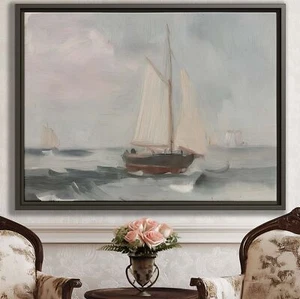 Sailboat Ocean Wall Art Canvas Print Classic Oil Painting Seascape Decor Framed - Picture 1 of 9