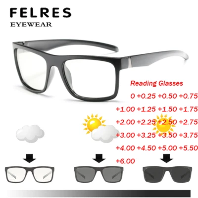 Men Square Photochromic Reading Glasses Sports Driving Shade Sunglasses Readers - Image 1 of 4