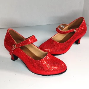 Womens 5.5 Ballroom Dance Shoes Heels Red Glitter Suede Sole Tango Dancing - Picture 1 of 9