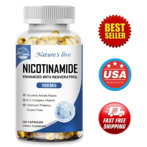 NAD Supplement - Nicotinamide 500mg Resveratrol 100mg - Anti-Aging 120 Capsules - Picture 1 of 9