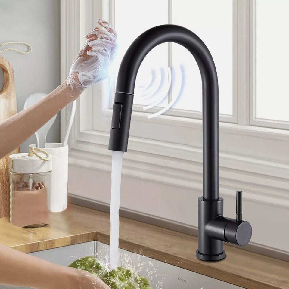 FORIOUS Black Touch Sensor Kitchen Faucet Pull down Single Handle Sprayer Swivel Mixer