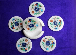 White Marble Coaster Set Semi Precious Stones Inlay Handmade Work Decor And gift - Picture 1 of 4