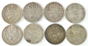 1912-1926 Great Britain 3 Pence Lot Of 8 Silver Coins George V KM# 813 KM# 813a - Picture 1 of 2