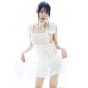 Damen Chiffon transparente Schürze Kleider Halsband Dienstmädchen Outfit Rüschen Lolita Fee Kostüm - Bild 1 von 10