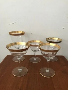 Vintage Glastonbury Rose Lotus kanneliert Gold verkrustet Sherbert Weingläser 5er Set - Bild 1 von 14