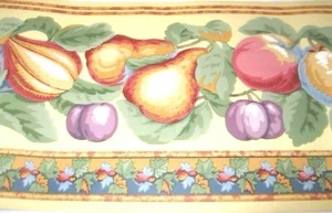 WALLPAPER BORDER Tuscan Golden Fruit Pear Plum Apple Fig 5962 Yellow Orange Blue - Picture 1 of 2