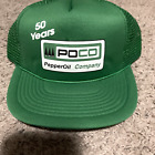 Vintage 70er 80er Jahre Poco Pepper Oil Company grüne Trucker Druckknopflasche Mütze Kappe