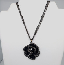 Black Enamel Rose Flower Pendant Necklace Rhinestones Gunmetal Bijoux Terner