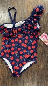 NEW Kids Girl Swimsuit Size 14 One Piece Swimwear Blue Red Cherries - Picture 1 of 3