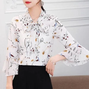 28) Elegant Floral Print Chiffon Shirt Flare Sleeve Spring Summer Wear - Picture 1 of 35