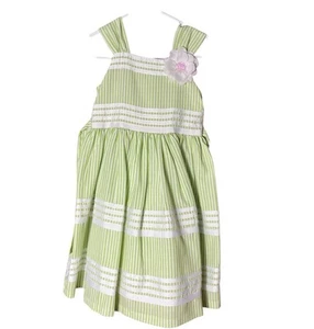 Bonnie Jean Dress Girl’s 8 Green White Stripe Seersucker Bow Flower - Picture 1 of 6