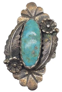 VINTAGE Sterling Silver / Turquoise Ladies Navajo Ring ~ LEAVES ~ Size 7.25 - Picture 1 of 4