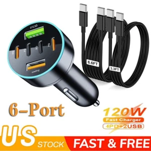 120W Car Charger 6 Port Type C Adapter 6ft Cable For Google Pixel 9 8 7 6 Pro 8A - Picture 1 of 23