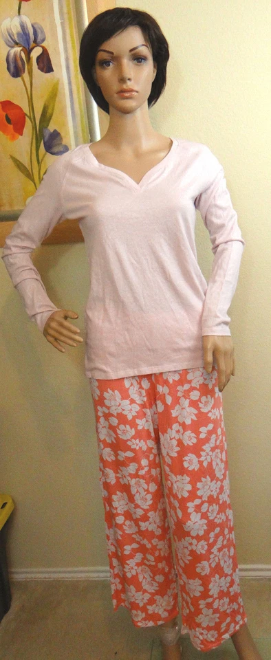NUEVO SIN ETIQUETAS ALFANI Coral con flores blancas recortadas salón pantalones para dormir y top rosa brillante, S Foto 1 de 1