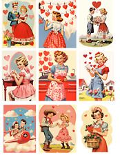 Handmade Set of 9 Vintage Retro Valentine People STICKERS - Just Cut & Use!