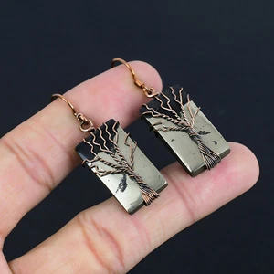 Natural Apache Gold Pyrite Gemstone Copper Wire Wrapped Drop Dangle Earrings - Picture 1 of 5