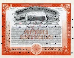 1906 Kokomo Marion & Western Traction Stock Certificate - Picture 1 of 1