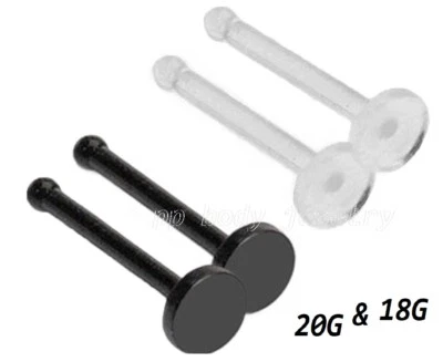 2pcs. 2mm Flat Top Clear & Black Bio Flex Nose Bone Nose Ring Retainer 18G 20G  - Image 1 of 2