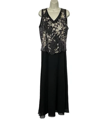 Maxi vestido largo dorado negro con cuentas sin mangas JKara 10 para mujer Foto 1 de 4