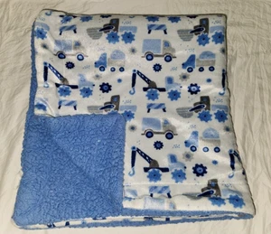 Baby Blanket Blue Construction Sherpa Dump Hook Tow Truck White Mixer - Picture 1 of 16