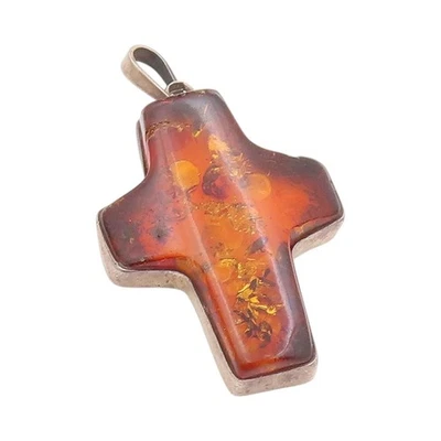 Colgante Vintage Plata de Ley 925 POLONIA Miel Ámbar Cruz Religiosa PT24902 Foto 1 de 4