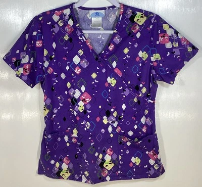 Scrub Top womens size XS extra-small Harlequin Diamonds Hearts purple pink - Image 1 of 3