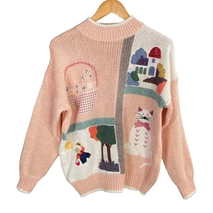 Vintage Pullover Damen groß bestickt Patchwork skurril Katze Landhaus Neuheit - Bild 1 von 7