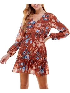 CITY STUDIO Womens Orange Sheer Long Sleeve V Neck Short Fit + Flare Dress M - Picture 1 of 11
