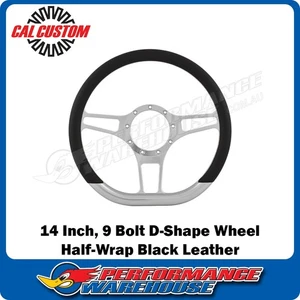 Cal Custom 14" D-Shape Billet Aluminium Steering Wheel, Black Leather Half-Wrap - Picture 1 of 6