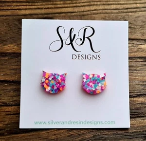 Cat Earrings, Cat Resin Stud Earrings, Purple Pink White Orange Teal Earrings, - Picture 1 of 3