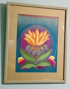 VINTAGE Nassau Bahamas Artist Signed 1980s Framed Silk Lotus Flower Print 17x20 - Picture 1 of 5