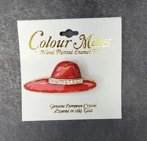 Vintage Hand Painted Enamel Genuine Crystal 18k Gold Layered RED HAT Pin Brooch - Picture 1 of 2