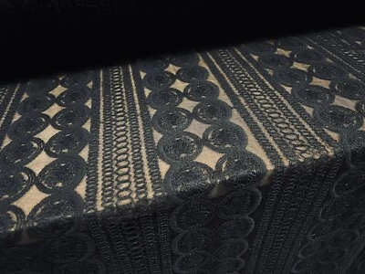 Flocked Lace Dress Fabric, Per Metre - Stripe Circle Design - Black - Image 1 of 3