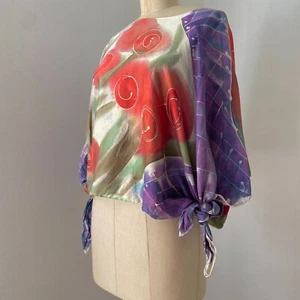 Vintage 1980s Hand Painted Silk Top Art To Wear Abstract Boho Cropped Boatneck - Picture 1 of 4