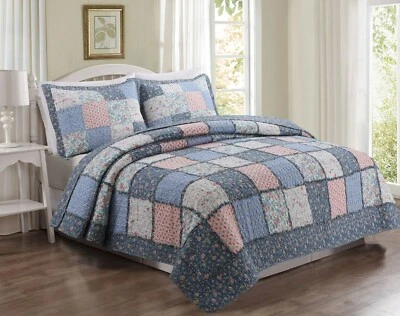 Mraz Blue&Red Real Patchwork 100%Cotton 3-Piece Quilt Set, Bedspread, Coverlet - Image 1 of 4