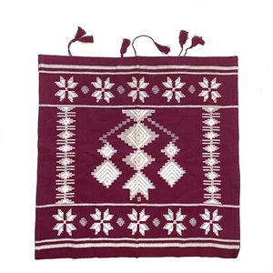 VTG Burgundy Embroidered Tassel Kilim Linen Blend Accent Pillow Cover 17”x17” - Picture 1 of 6