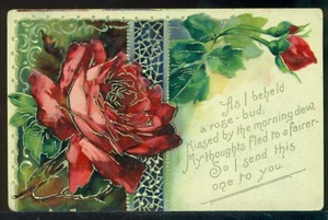 AS I BEHELD A ROSE BUD KISSED BY THE MORNING DEW Red Rose w Bud Vintage Postcard - Picture 1 of 1