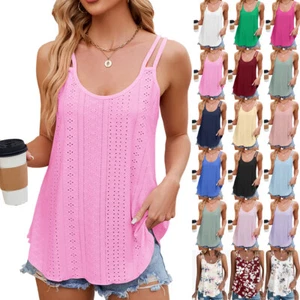 2025 Womens Strappy Camisole T Shirts Blouse Tops Sleeveless Tank Vest Plus Size - Picture 1 of 27