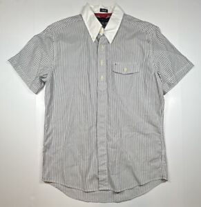Tommy Hilfiger Shirt Men Medium Gray White Striped Slim Fit Button Short Sleeve