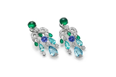 Lab-Created Green Emeralds, Aquamarine, Sapphire & White Diamonds Drops Earrings - Image 1 of 4