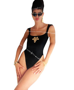 LA BLANCA 1991 Vintage One Piece Swimsuit 12 Black Silk Embroidered Accents