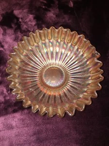 Vintage Ruffled Edge Peach Carnival Glass 8”Ruffled Compote Fruit Bowl - Picture 1 of 6