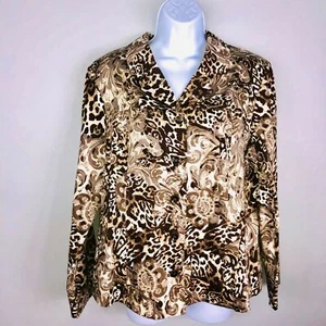 Chicos Womens Jacket sz 2 sz L Brown Animal Print Button Up Notch Collar - Picture 1 of 9