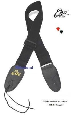 Eko GBU Strap Nylon Black Tracolla Cinta regolabile per chitarra con 2 PLETTRI