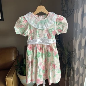 Vintage Floral Dress Lace Collar Pleats Belt 90s Cottagecore Soft Girl Girls 4-5 - Picture 1 of 7