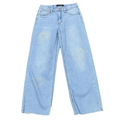 Pantalones de mezclilla Vanilla Star Girls estrás corazón pierna ancha lavado claro dobladillo crudo talla 10 Foto 1 de 4