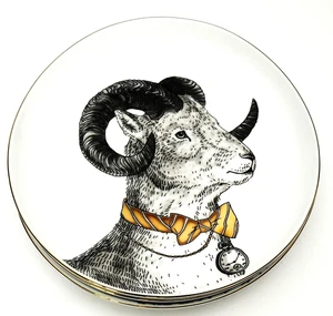 West Elm Rachael Kozlowski Set Of 4 Dapper Animal 8-1/2" Plates 2 Owl & 2 Ram - Picture 1 of 5