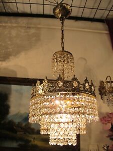 Antique Vintage French Basket style Real Swarovski Crystal Chandelier Lamp Light