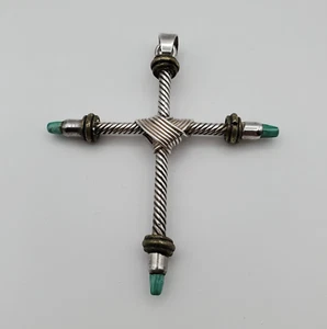 Colgante Cruz Vintage México Plata de Ley 925 y Latón y Turquesa 2.5" Alto - Imagen 1 de 8